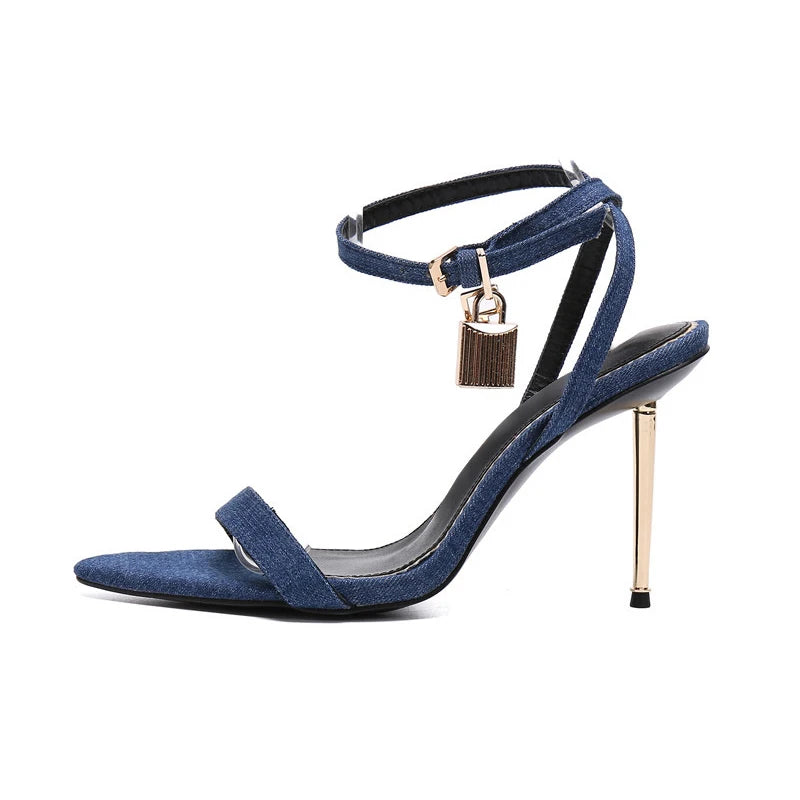 2025 New Sexy Gold Padlock High Heels One Word Buckle Open Toe Thin Heels Leather Shoes Ankle Strap Gladiator Sandal 44