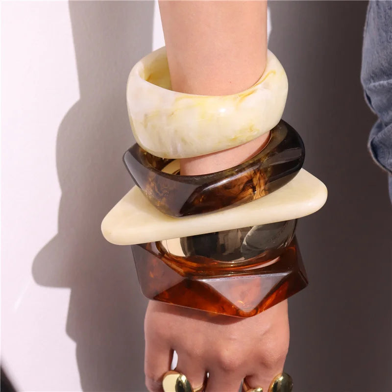 HUANZHI Vintage Resin Triangle Wide Bangle Bracelet