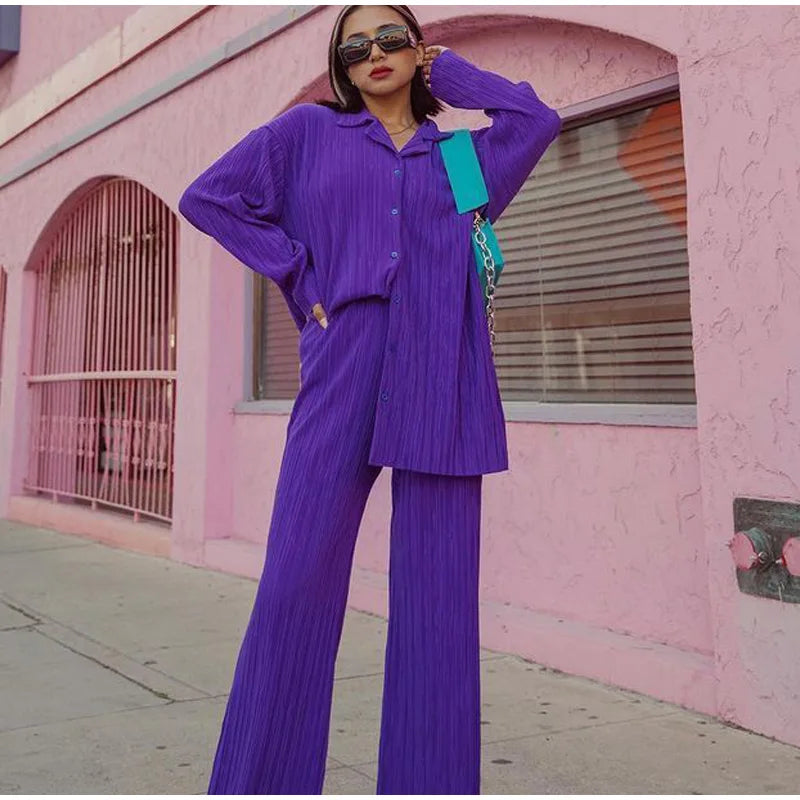 CM.YAYA Street Women's Set Long Sleeve Shirt Tops and Wide Leg Pants Elegant Tracksuit Two Piece Set Sweatsuit Fitness Outfits