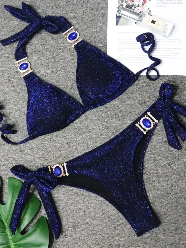 Women’s 2026 Rhinestone Diamond Bikini – Halter Chain Two‑Piece Swimsuit, Sexy Shiny Brazilian Swimwear