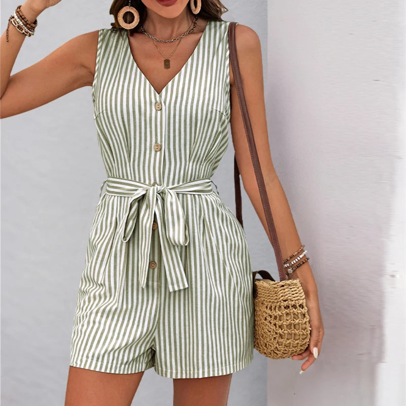 Europe and the United States summer hot selling new striped simple casual one-piece shorts woman
