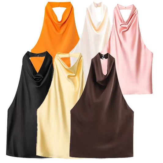 Women’s Satin Halter Backless Corset Top – Elegant Summer Sleeveless Tank in Yellow, Pink, Black