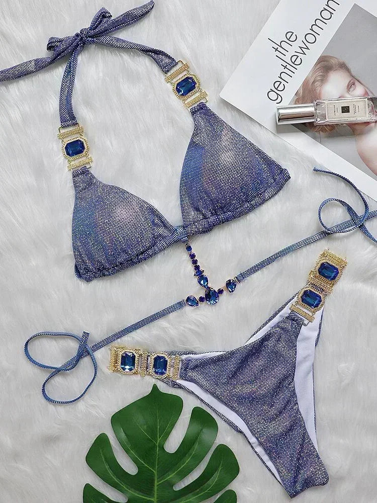 Women’s 2026 Rhinestone Diamond Bikini – Halter Chain Two‑Piece Swimsuit, Sexy Shiny Brazilian Swimwear
