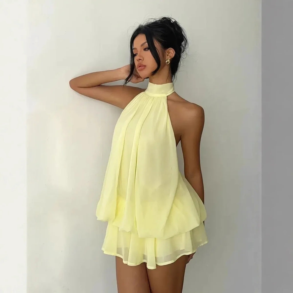 Women’s Backless Halter Neck Dress – Tie‑Front Chiffon Sheer Mini Skirt, Sexy Y2K Vintage Party Dress