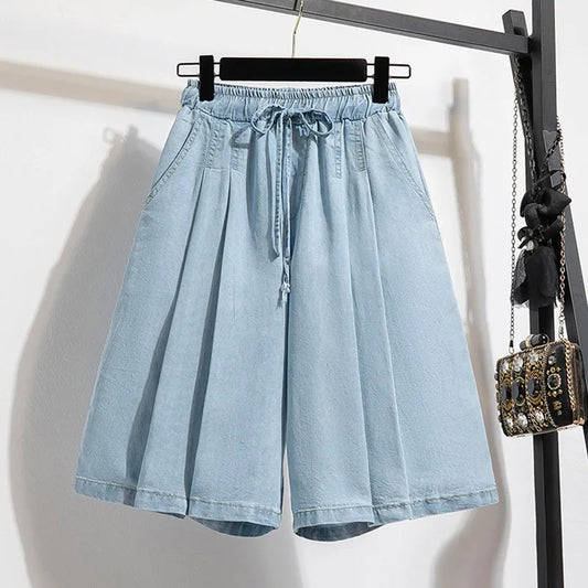 Women Summer Casual Short Jeans New Arrival 2024 Korean Style Solid Color Basics Loose Female Knee Length Denim Pants B3677