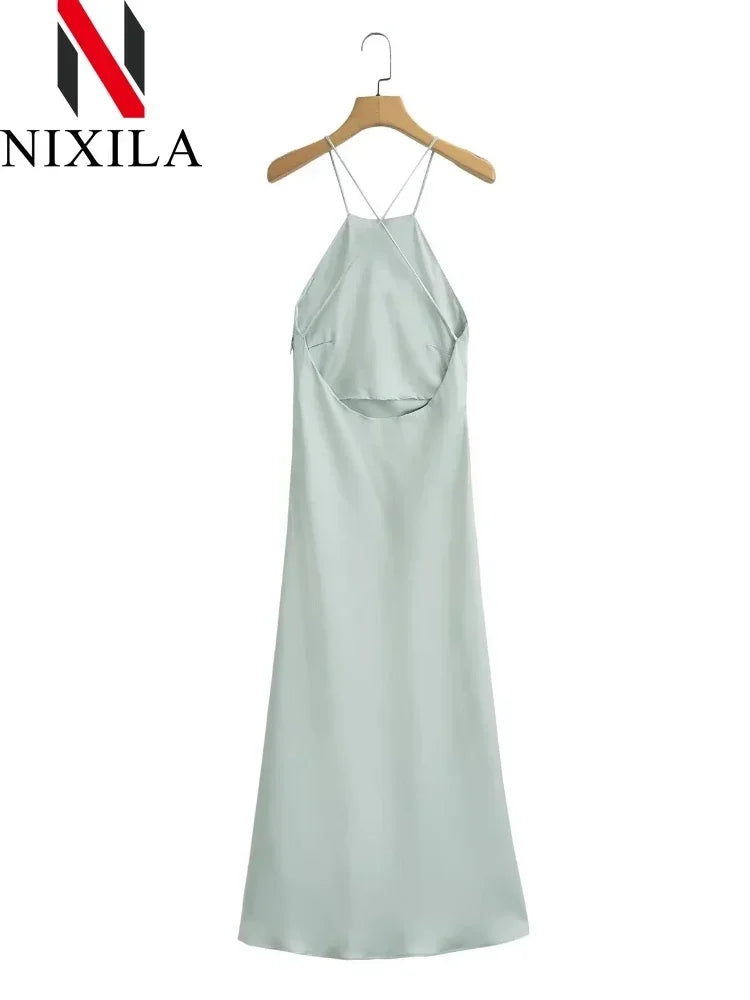 New Spring Summer Women's Maxi Dress Satin Feeling Sleeveless Dress Fashion Style Banquet Sexy Dresses Evening Female Clothing