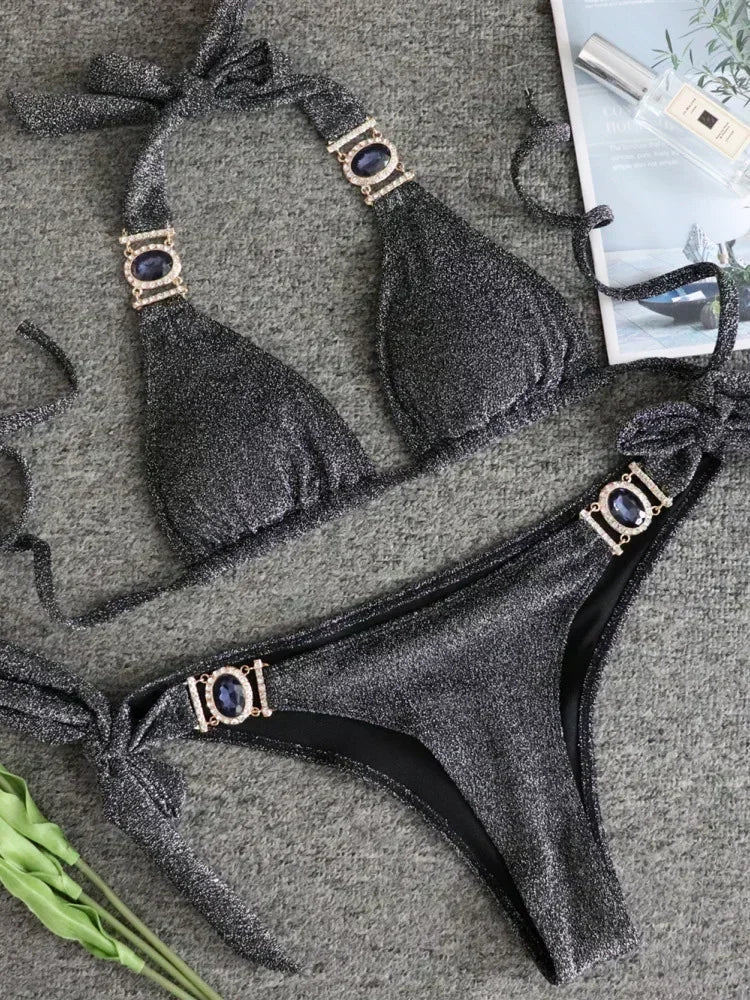 Women’s 2026 Rhinestone Diamond Bikini – Halter Chain Two‑Piece Swimsuit, Sexy Shiny Brazilian Swimwear
