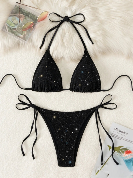 Women’s Shiny Tinsel Micro String Bikini – Black Y2K Sequin Push‑Up Triangle Swimsuit 2025