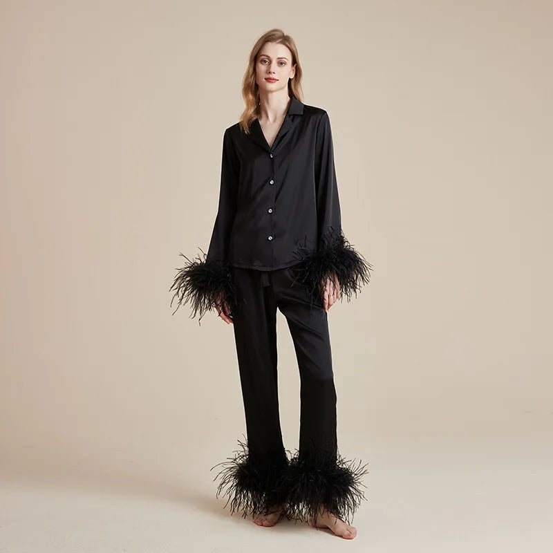 luxury feather‑trim satin pajama set