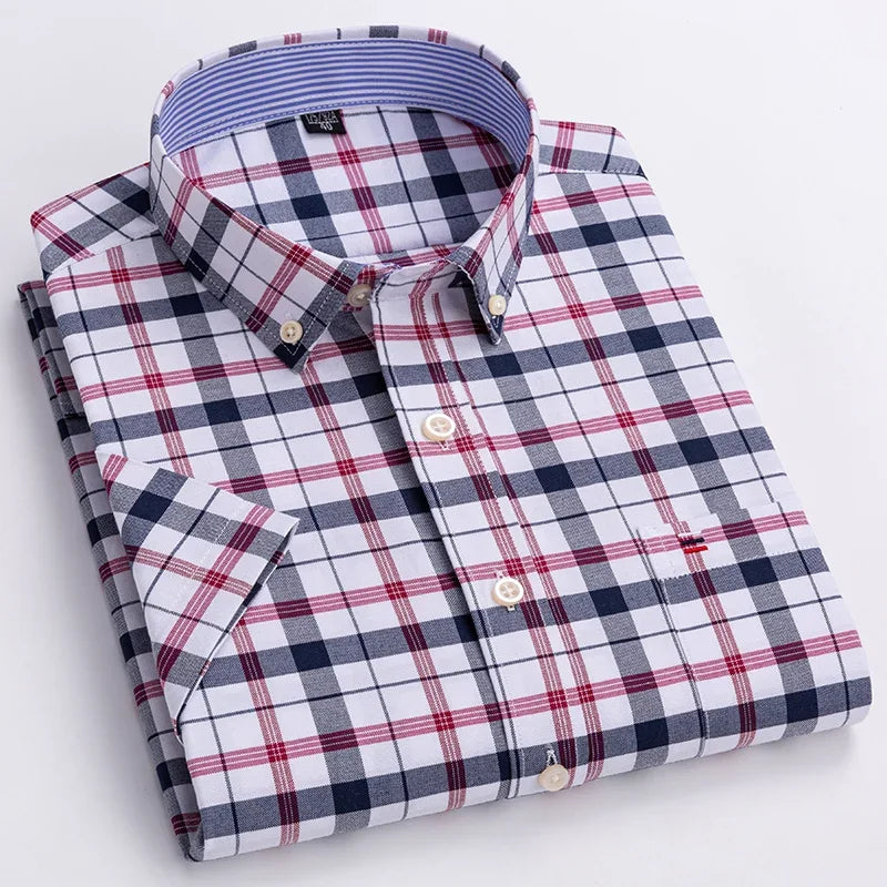Men’s 100% Cotton Oxford Short‑Sleeve Shirt – Breathable Summer Plaid/Striped Business Casual (Regular/Oversized Fit)