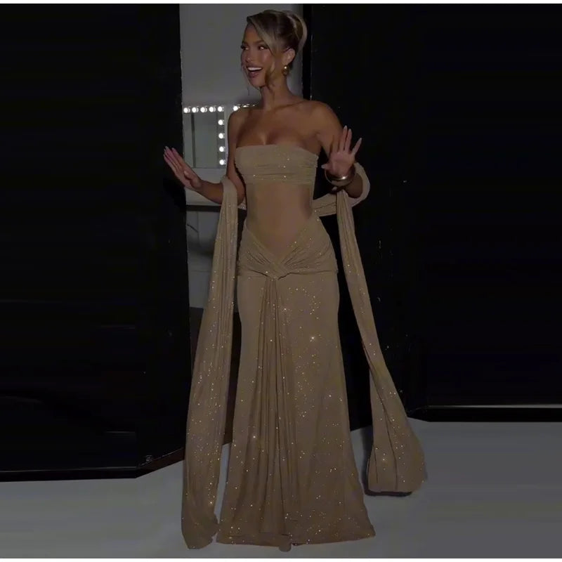 Sexy Ribbon Sparkle Strapless Draped Maxi Dress Women Sleeveless Backless Bodycon Long Dresses 2025 New Lady Club Party Robes