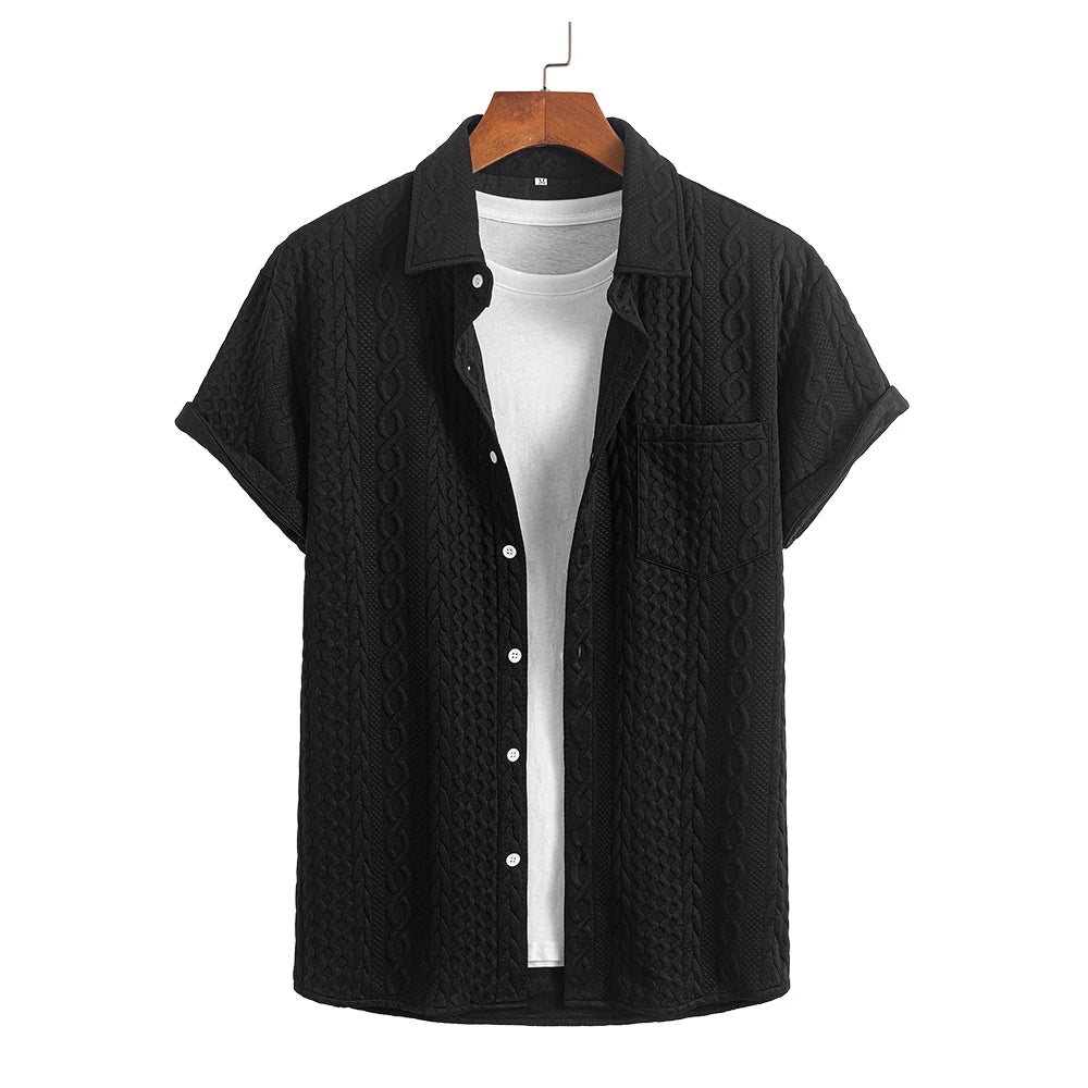 Summer Men Shirt Streetwear Button Up Textured Front Pocket Short Sleeves Shirt Men's Clothing 2024 Korean Style Casual Shirts