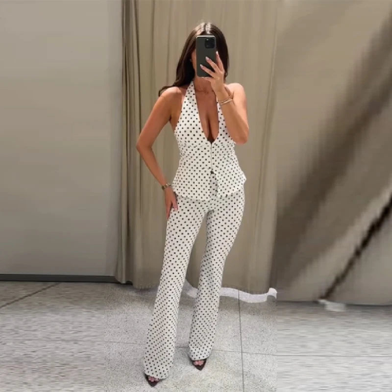Women’s Retro Polka‑Dot Halter V‑Neck Set