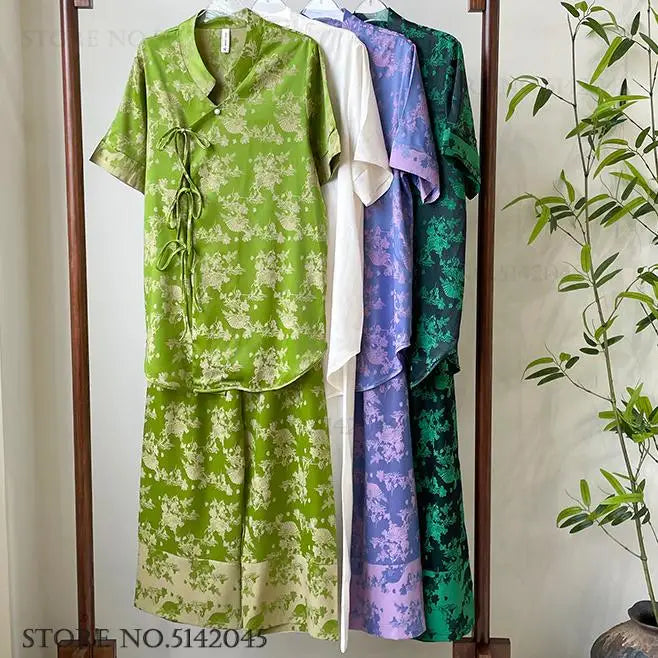 New Chinese Style Pajamas Women Jacquard Flower Sleepwear Short Sleeve Trouser Suits Spring Summer Silk Satin Nightwear Homewear