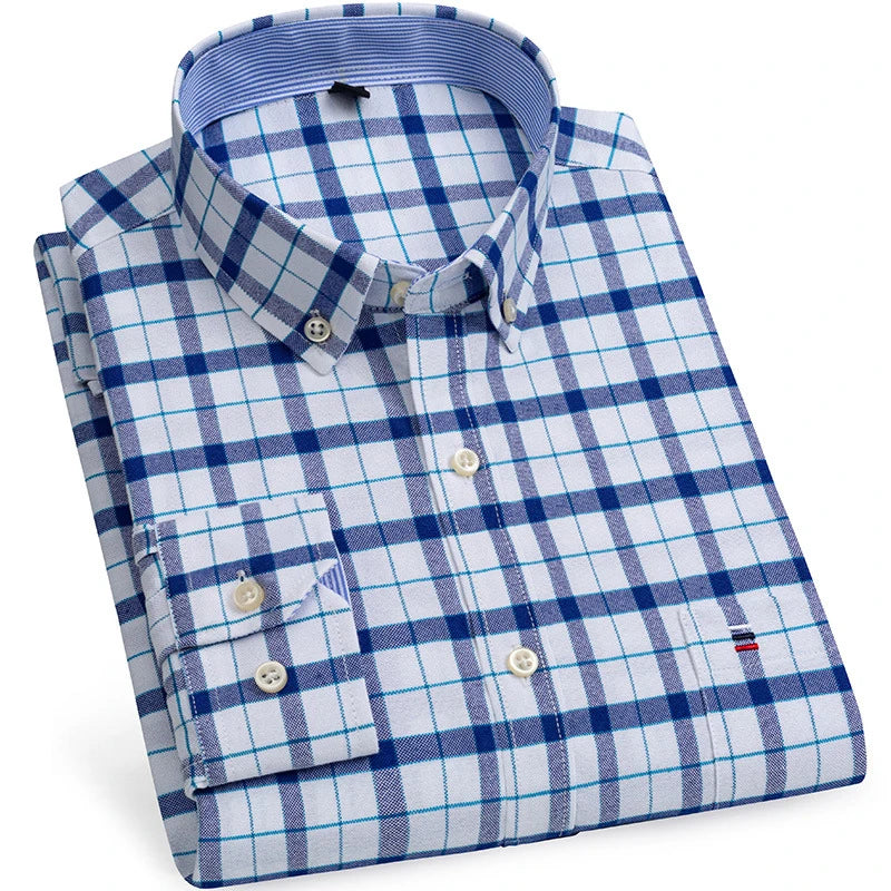 2024 New Quality Men's Social Shirt Long Sleeve 100% Pure Cotton Oxford Soft Plaid Formal Male Clothes Oversized Shirt S-7XL