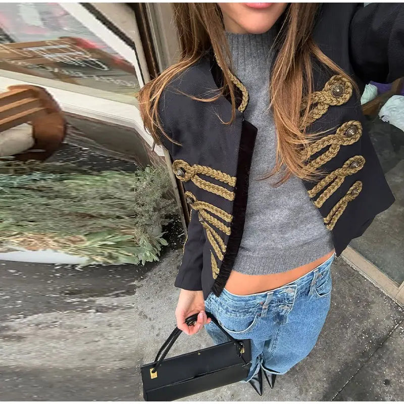 Napoleon Golden Short Jacket Women Vintage Stand Collar Long Sleeve Cropped Jackets 2026 Spring New Lady Outwear High Street