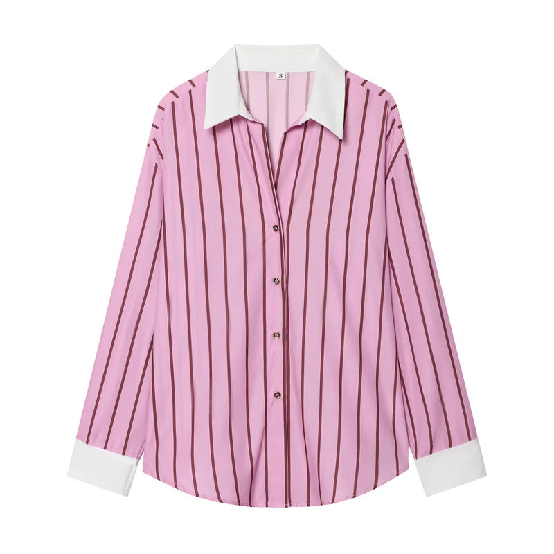2026 Women’s Long Sleeve Collared Shirt — Striped Cuff Loose Chic Spring Summer Top