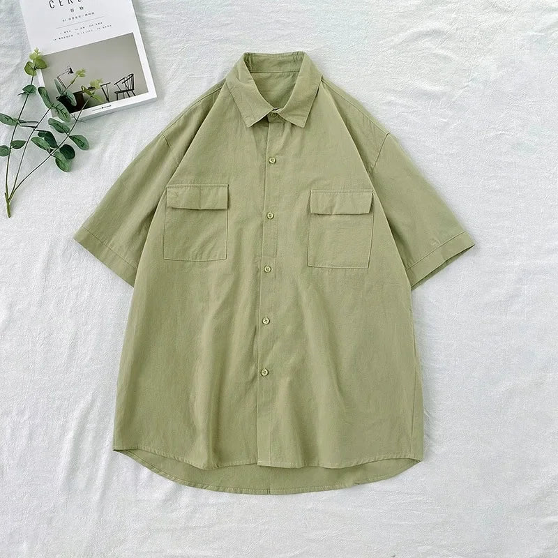Summer Solid Color Short Sleeve Men's Shirt Loose Fit Japanese Workwear Half Sleeve Top Hong Kong Style White Trendy Casual Shir