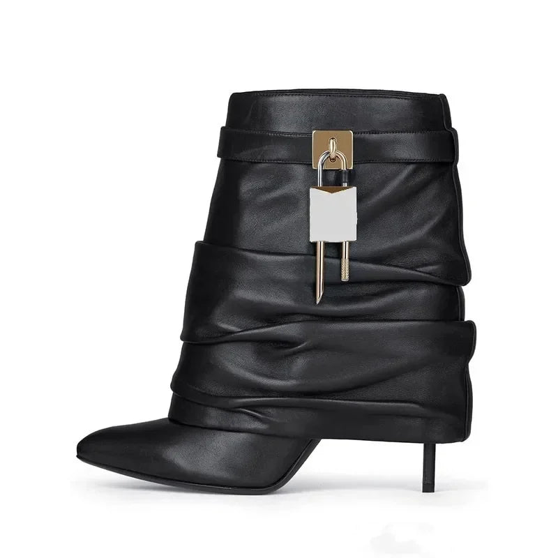 New Women's Leather Ankle Boots with Metal Buckle, Pointed Toe & Slender High Heel - Wide Shaft Short Bare Boots