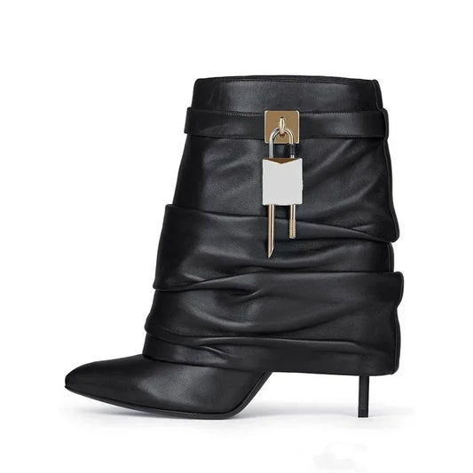 New Women's Leather Ankle Boots with Metal Buckle, Pointed Toe & Slender High Heel - Wide Shaft Short Bare Boots