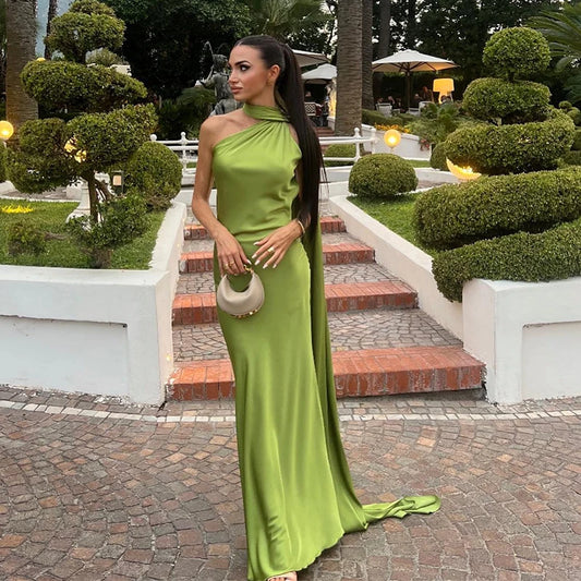 Sexy Satin Halter Long Dress Women Solid Backless Off Shoulder Slim Dresses High Waist Party Evening Robes