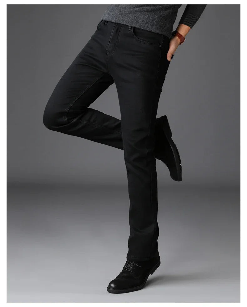 Men’s Stretch Black Biker Jeans – Classic Spring/Autumn Soft Denim Pants | Fashion Slim/Regular Fit Trousers