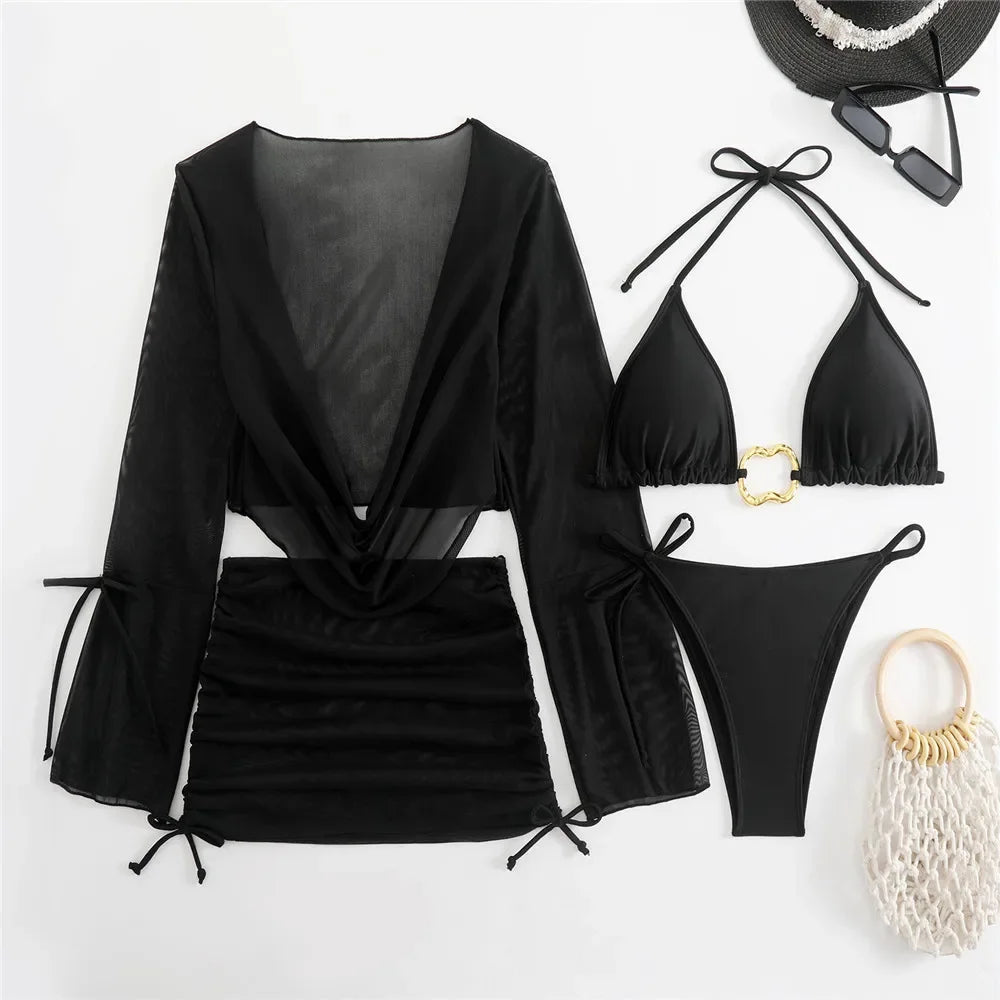Women’s Brown Halter String Triangle Bikini Set — 4‑Piece Mesh Smock Cover‑Up Swimwear with Metal Ring Details