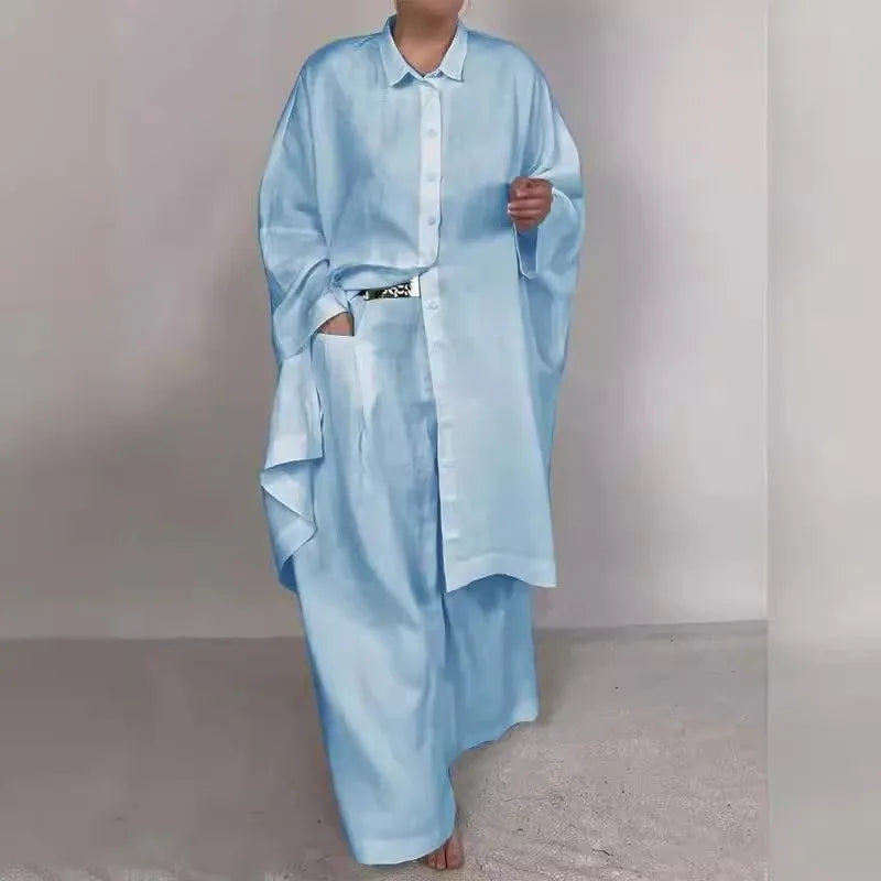 Casual Ladies Long Sleeve Single Breasted Straight Wide Leg Sets Fashion Women Set Elegant Solid 2 Piece 2025 New Pants Sets
