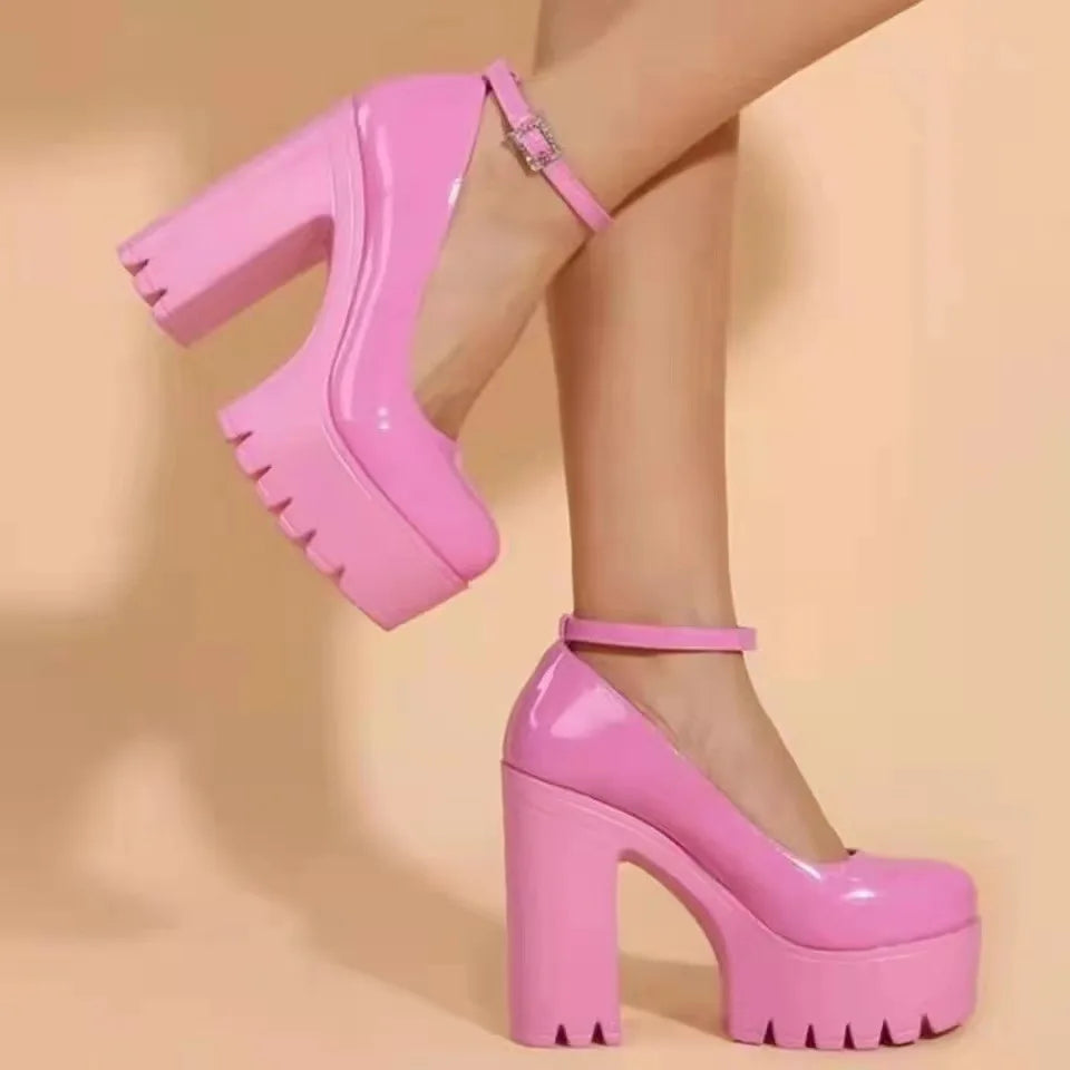 Pink Chunky Heeled Ankle Strap Pumps Sweet Platform Square Heel Woman High Heels Pumps Platform Shoes 2022 Spring Woman Shoes
