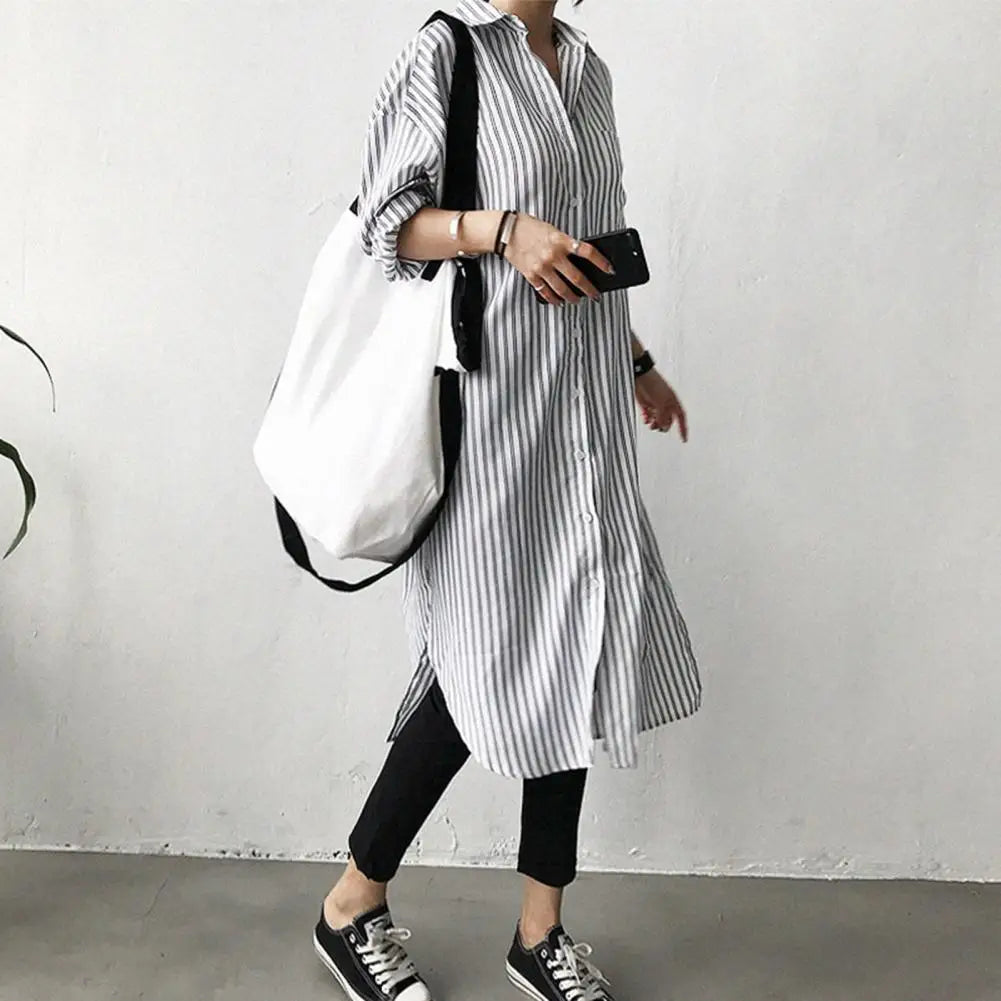 Spring Lady Shirt Contrast Color Striped Print Long Sleeves Single-breasted Cardigan Blouse Split Hem Long Blouse Lady Clothing