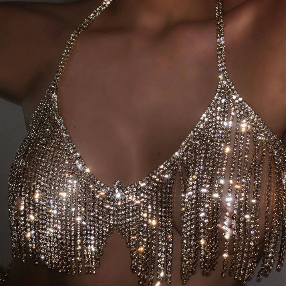Sexy Bling Tassel Rhinestone Bra Body Chain Exaggerated Women's Crystal Bikini Fun Valentine's Day Gift