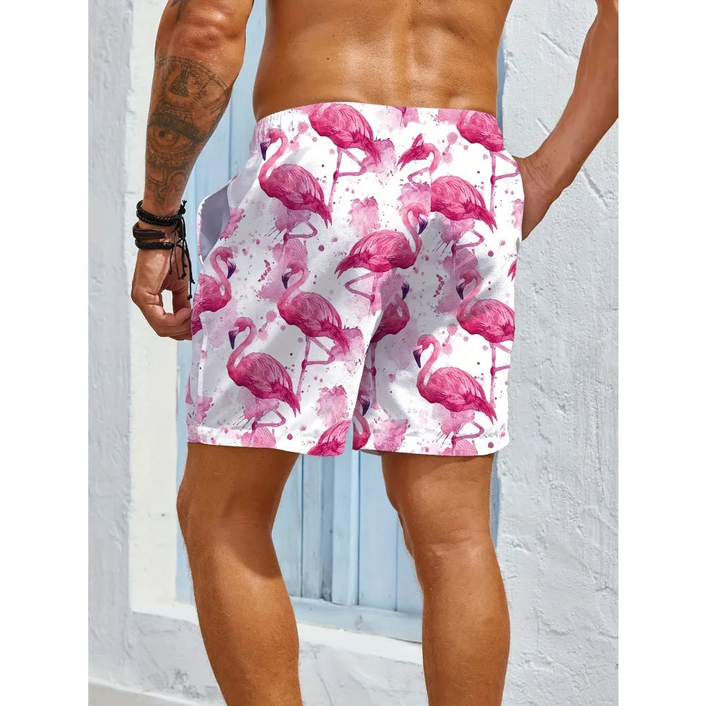 Men's Casual Beach Shorts - Quick-Dry, Drawstring Waist with Pockets, Flamingo Print, Summer Vacations Outdoor Activities
