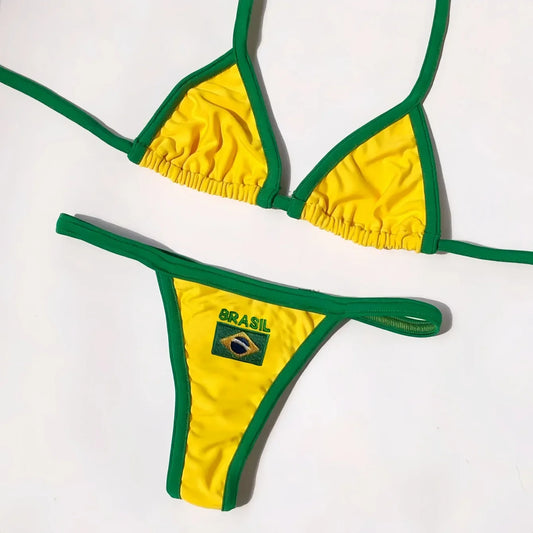 2026 Sexy Embroidery Brasil Flag Contrast Split Bikini Set Women Swimwear Patchwork Swimsuit Hottie Outfit SummerBeachwear