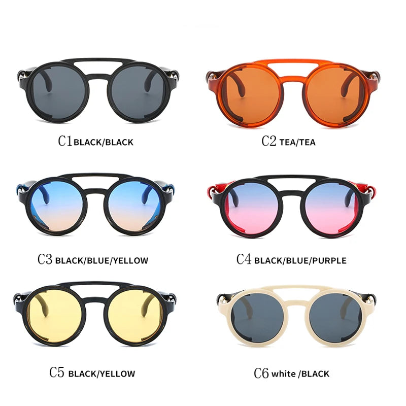 Steampunk Shields Sunglasses Men Women Classic Sun Glasses With Side Leather Round Eyewears Punk UV400 Lens