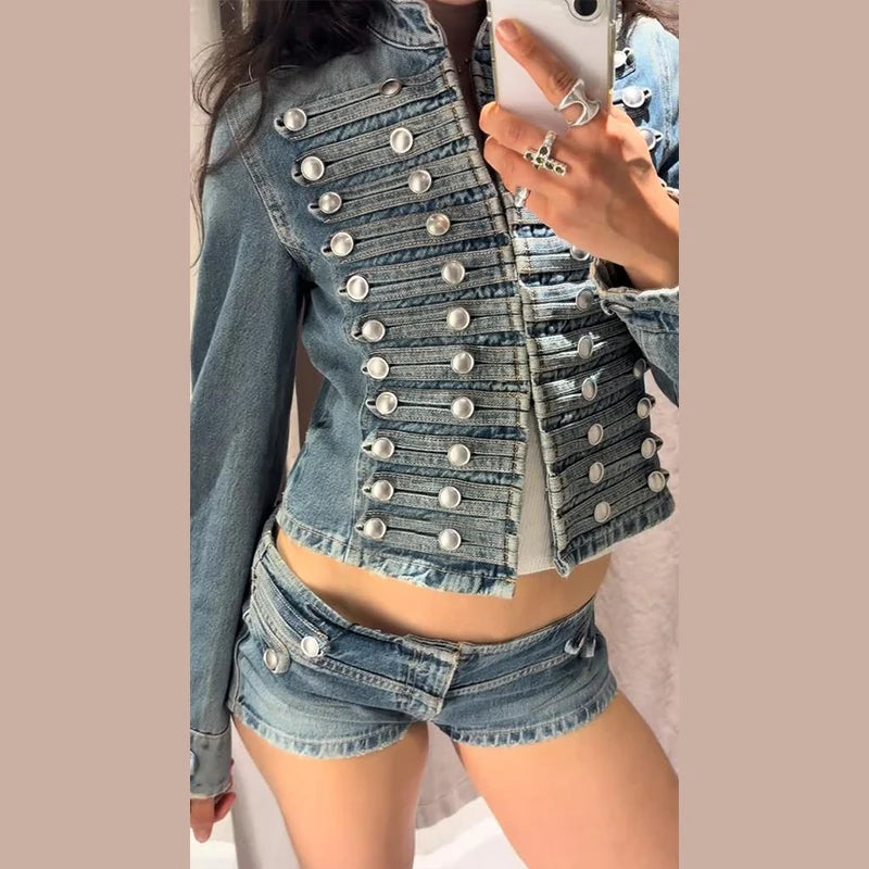 Chic Stand‑Collar Denim Coat & Shorts Suit