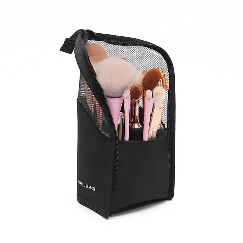 Makeup Brush Case Makeup Brush Holder Travel Waterproof Cosmetic Bag Stand-up Foldable Makeup Cup with Zipper (Black + Pink)