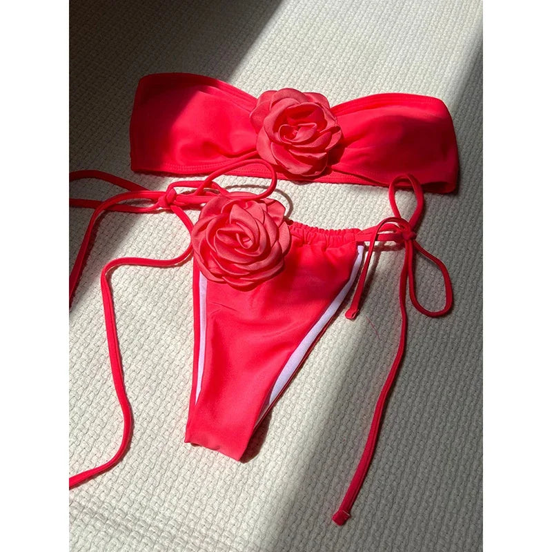OIINAA Swimsuit Women Sexy Soild Color Bikini Set 3D Floral Swimwear Split Strapless Two-Piece Biquini Lace Up Bathing Suit 2024