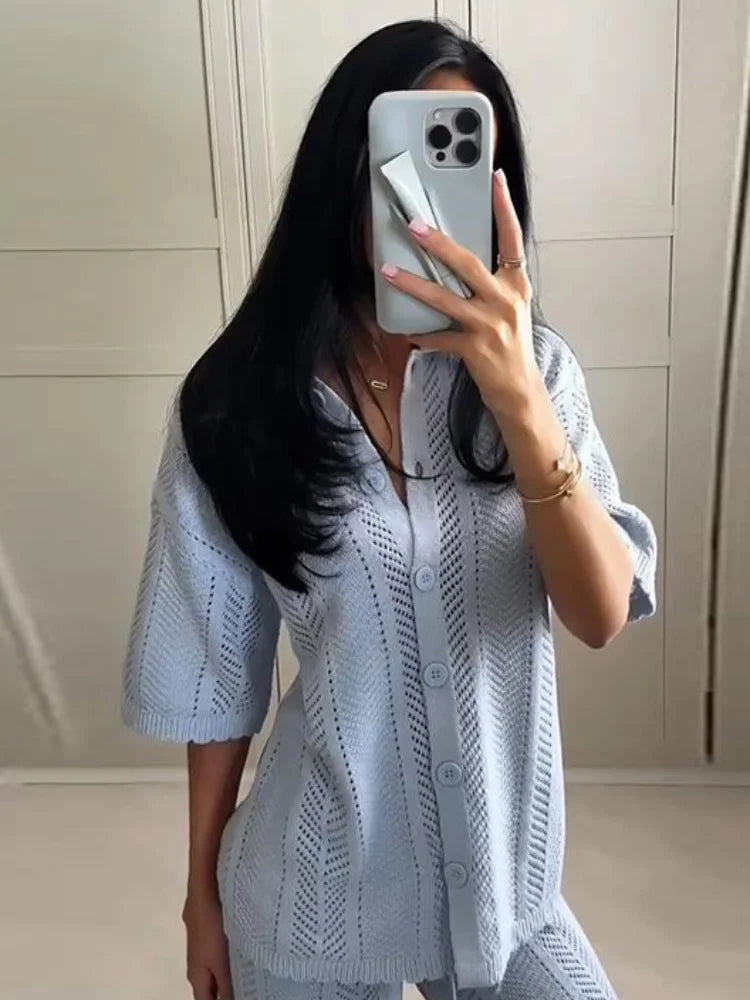 Fashion Hollow Out Knitted Long Pants Sets For Women Solid Single Breasted Short Sleeved Sweater Wide Leg Trouser 2 Pieces Suit