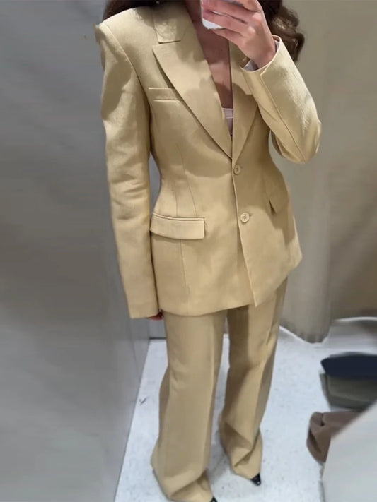Casual Lapel Single Breasted Coats Straight Long Pants Sets Elegant Solid Suit Jackets Set for Women 2025 New Office Lady Suits