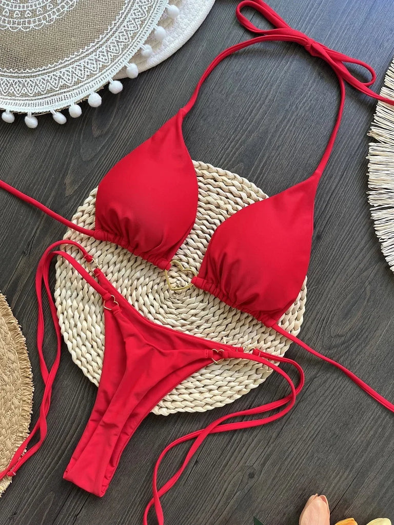 Women’s Sexy Halter Triangle Bikini – Low‑Waist Brazilian Thong Two‑Piece Swimsuit (Solid Color)