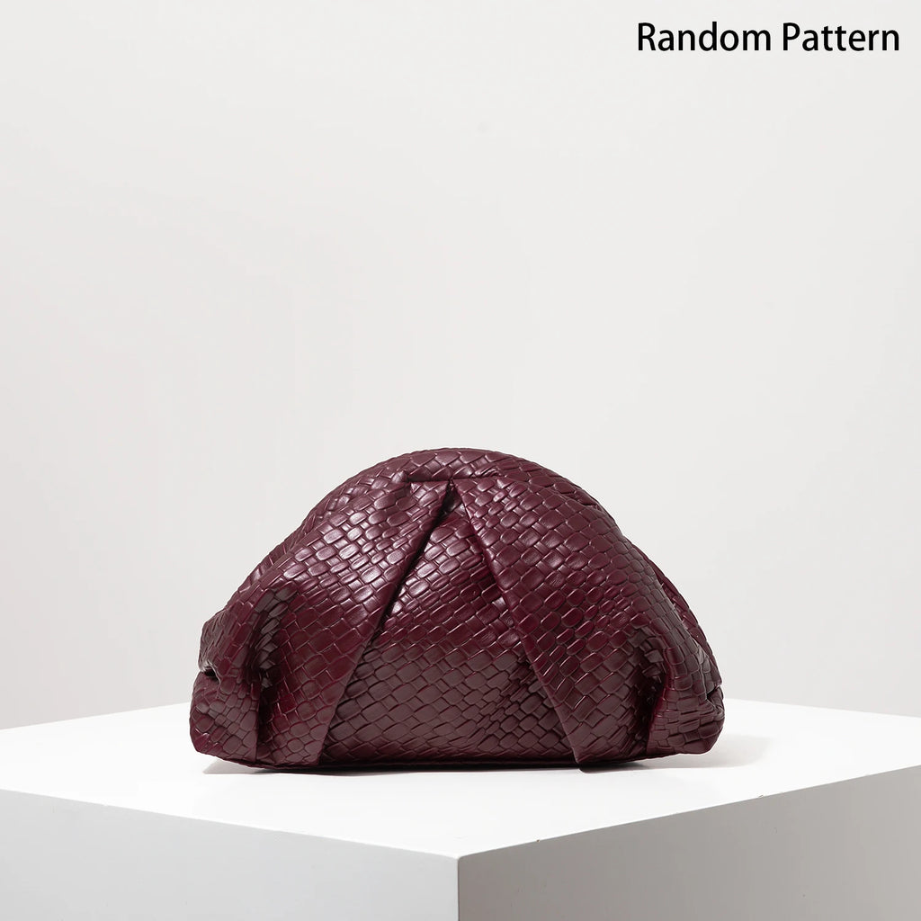 Vintage Artificial Leather Woven Pattern Clutch Bag, Burgundy Purse, Porm Dresses for Women, Shell Bag, Ruched Clouds Bag