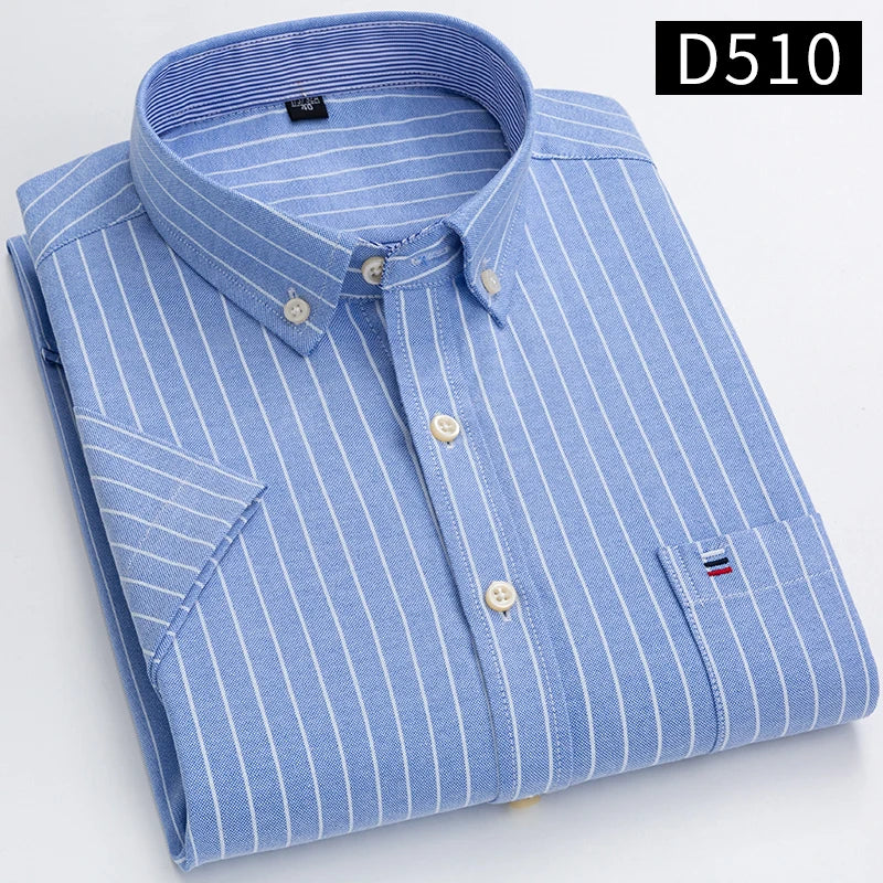 Men’s 100% Cotton Oxford Short‑Sleeve Shirt – Breathable Summer Plaid/Striped Business Casual (Regular/Oversized Fit)