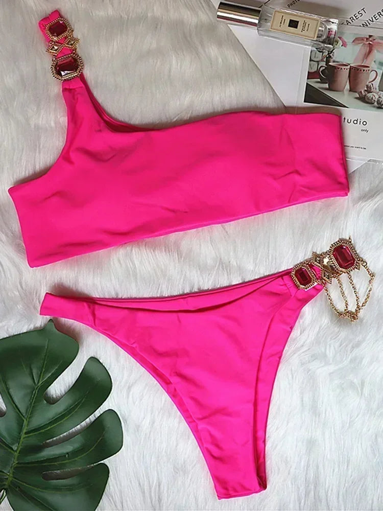 Women’s 2026 Rhinestone Diamond Bikini – Halter Chain Two‑Piece Swimsuit, Sexy Shiny Brazilian Swimwear