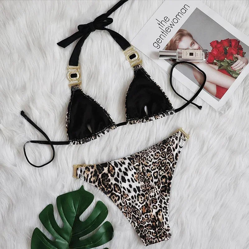 Women’s 2026 Rhinestone Diamond Bikini – Halter Chain Two‑Piece Swimsuit, Sexy Shiny Brazilian Swimwear