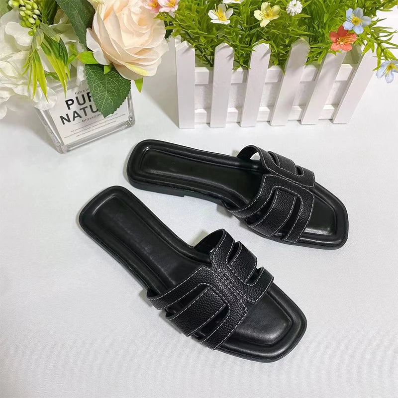 Women’s French Square Toe Slides — Multicolor H‑Slippers Summer Beach Sandals High‑Quality Designer Style