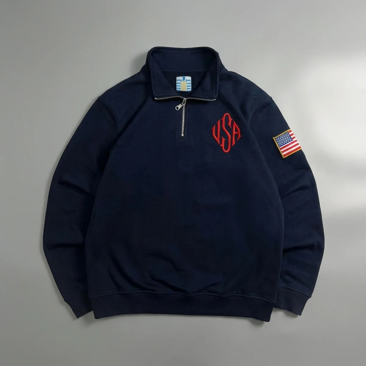 Y2K American Flag Embroider Hoodies Quarter Zip Sweatshirts Men Navy Blue White Pullover Patch Sleeve Streetwear Casual Sweater