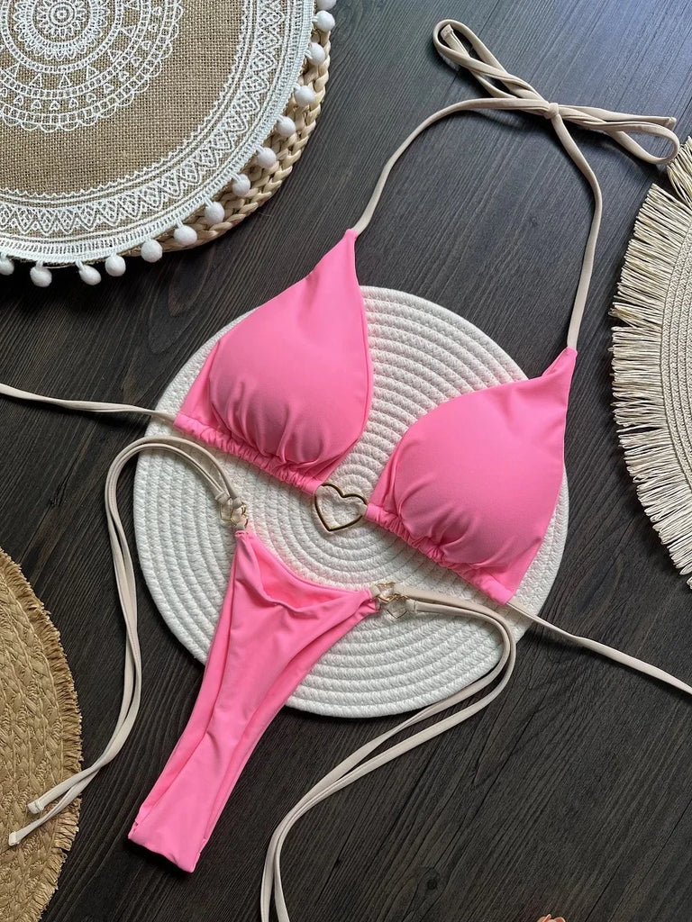 Women’s Sexy Halter Triangle Bikini – Low‑Waist Brazilian Thong Two‑Piece Swimsuit (Solid Color)