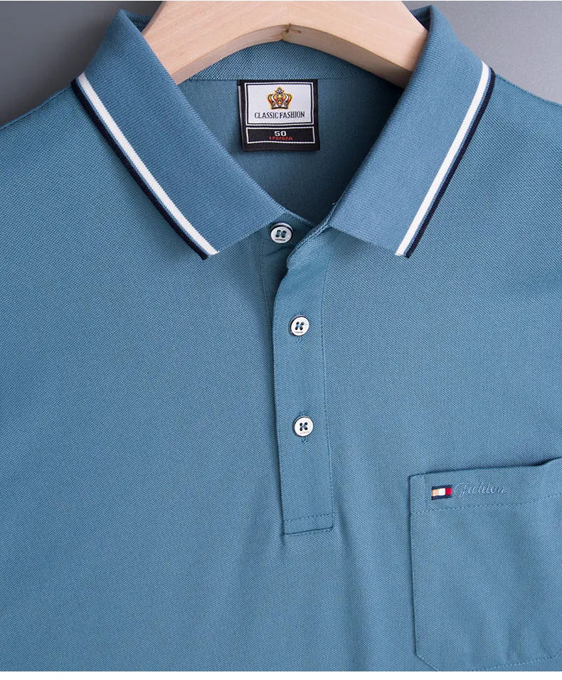 Top Grade Summer Short Sleeve Korean New Fashion Cotton Soft Pure Color Lapel Slim Fit Casual Tops Men's pocket Polo Shirts