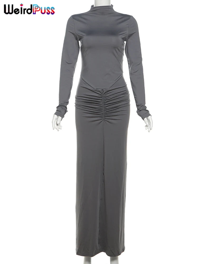 Women’s Ruched Long‑Sleeve Bodycon Dress – O‑Neck Slim Fit Hipster Pleated Autumn Classic