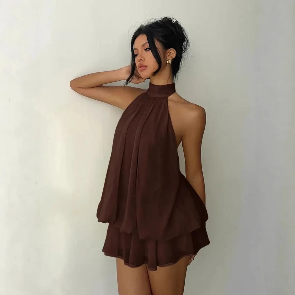 Women’s Backless Halter Neck Dress – Tie‑Front Chiffon Sheer Mini Skirt, Sexy Y2K Vintage Party Dress